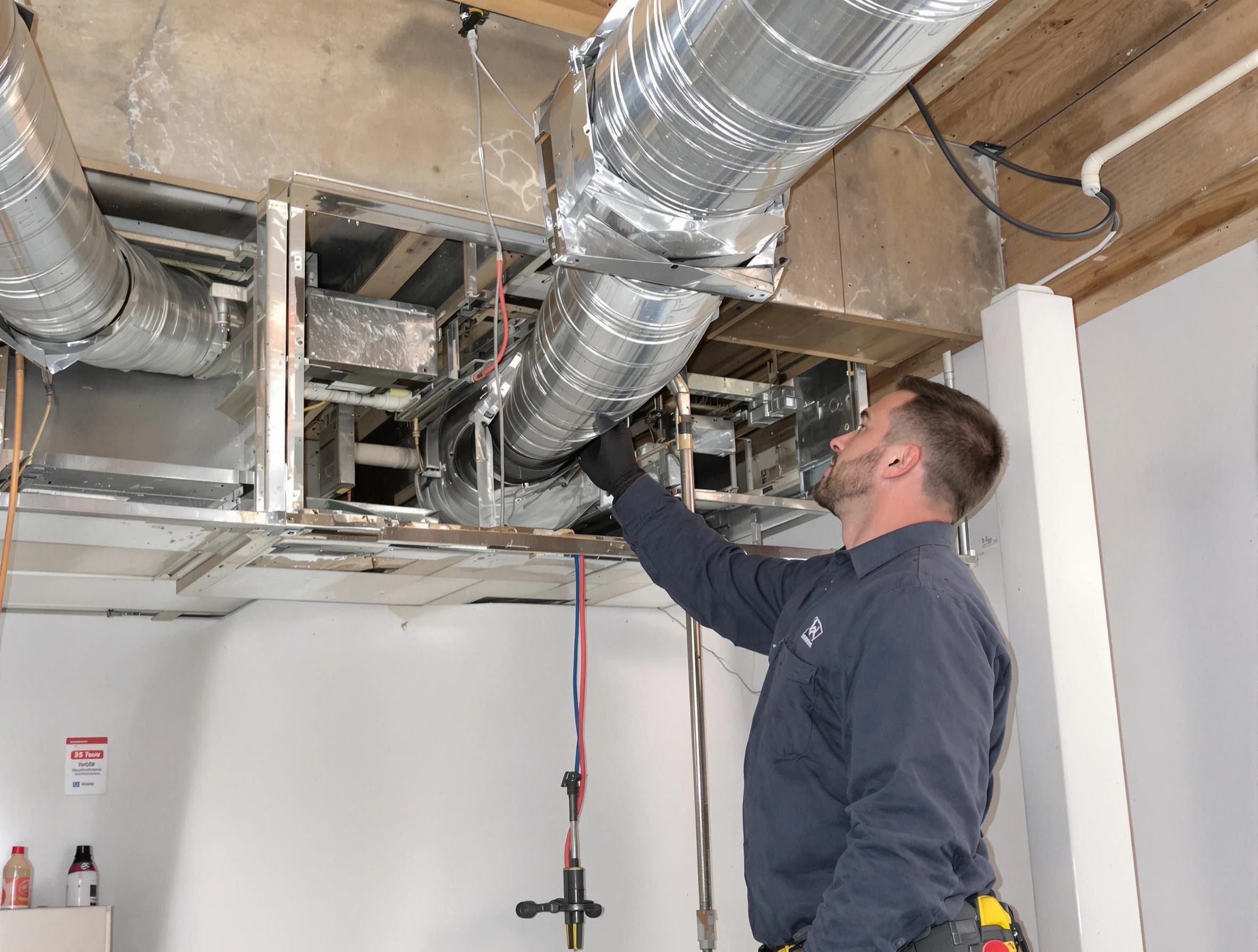 Garden Grove Air Duct Cleaning technician performing professional air duct repair using specialized tools in Garden Grove