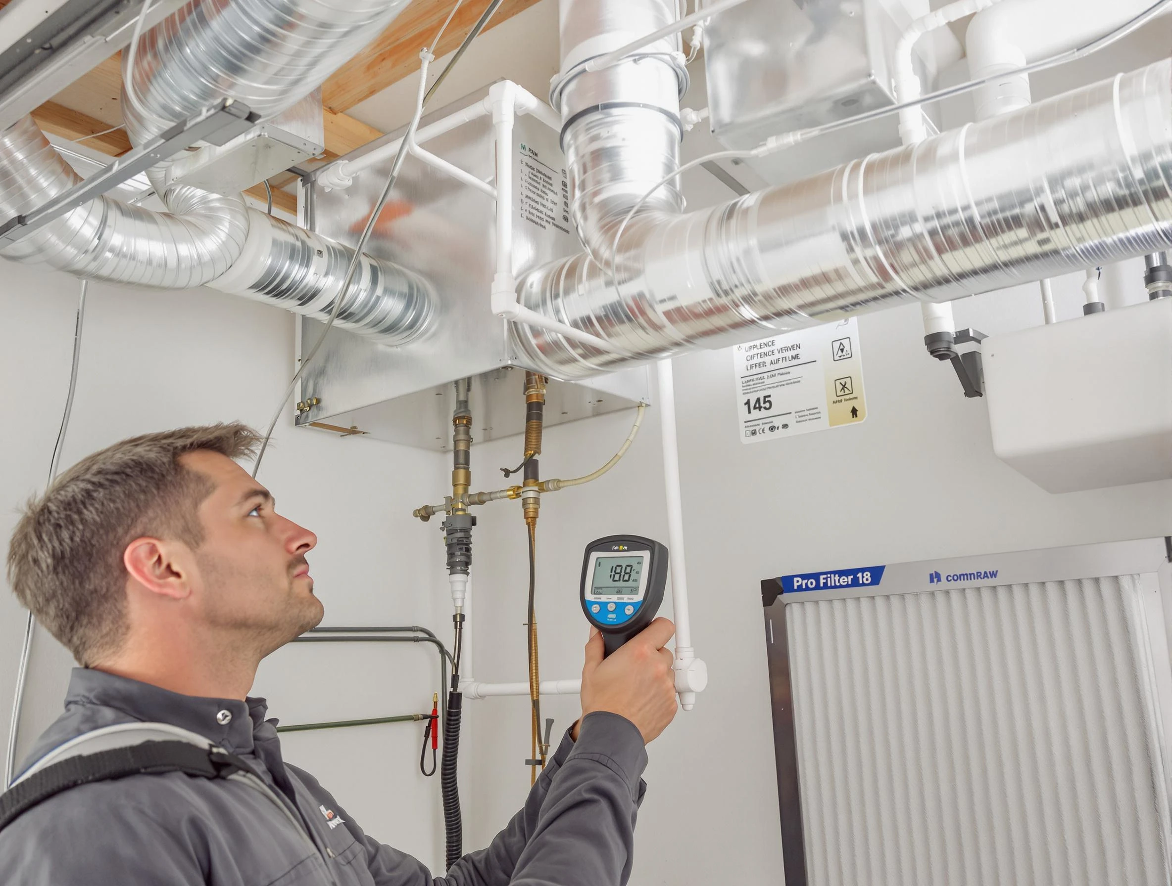 Garden Grove Air Duct Cleaning expert conducting detailed filter system inspection using diagnostic tools in Garden Grove